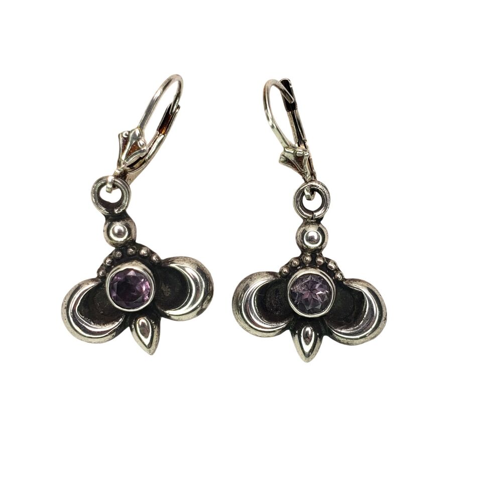Fleur-de-lis Amethyst 925 Sterling Earrings Silver Dangles Purple Faceted Stone